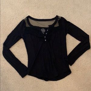Black, long sleeve, mesh top, quarter button top